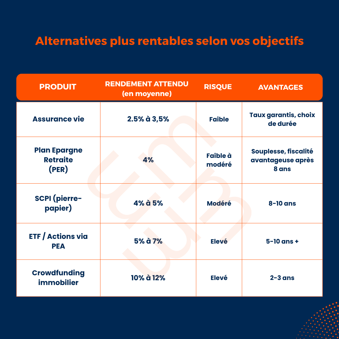 Tableau comparatif des alternatives au Livret A : assurance vie, PER, SCPI, ETF via PEA et crowdfunding immobilier, classées selon leur rendement moyen, niveau de risque et avantages associés.